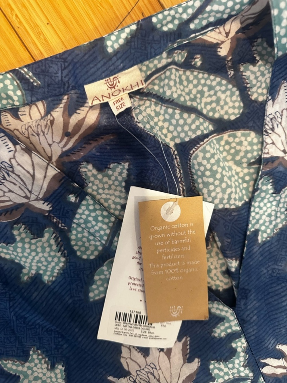 Anokhi Floral Organic Cotton Tunic in Teal & Navy w pockets OS - Picture 6 of 6
